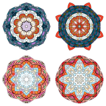 Hand-painted art design. Color hand drawn illustration set of 4 mandalas for decorationのイラスト素材