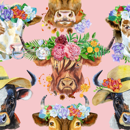 Bull watercolor graphics. Seamless pattern. Bull animal illustration with splash watercolor textured background.の写真素材