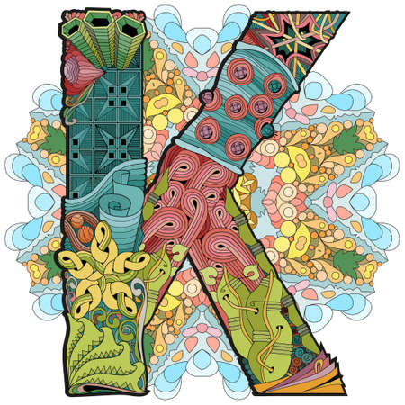 Hand-painted art design. Hand drawn illustration mandala with letter K for decorationのイラスト素材