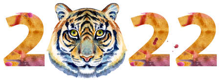 Watercolor illustration new year two thousand and twenty two with tiger headの写真素材