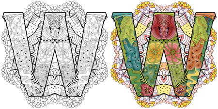 Mandala with letter W for coloring. Vector decorative zentangle. Colored and outline setのイラスト素材