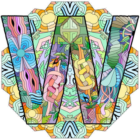 Letter W monogram, engraving design on mandala. Vector illustration.のイラスト素材