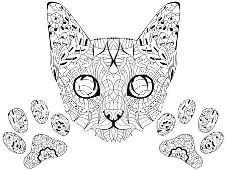 Head of cat with paw  styled for coloring, for t-shirt design, tattoo and other decorationsのイラスト素材
