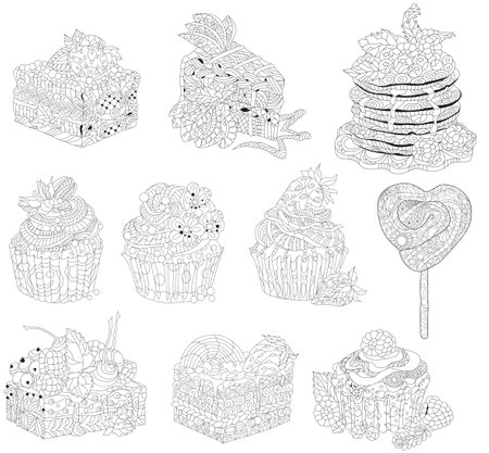 Set of vector cupcakes and pancakes with chocolate and raspberry for coloringのイラスト素材