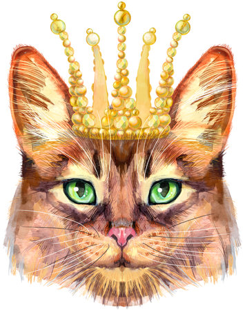 Cute cat in golden crown. Cat for t-shirt graphics. Watercolor Somali cat breed illustrationの写真素材