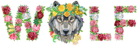 Word WOLF of watercolor flowers, isolated hand drawn on a white background, wedding design, english alphabetの写真素材