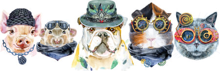 Border from watercolor portraits of dog, guinea pig, cat, mini pig and ratの写真素材