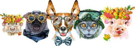 Pet border. Hand painted watercolor drawing, isolate clip art on white background. banner designの写真素材