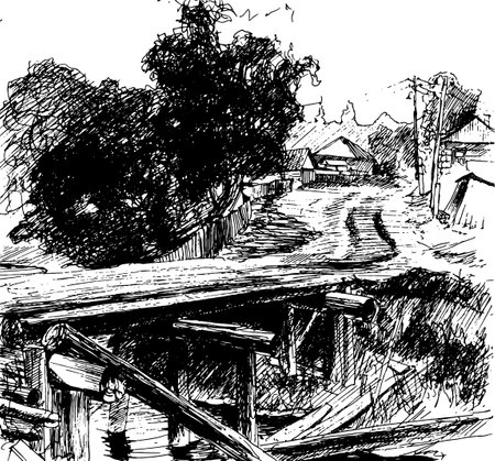 Rural landscape with wooden house, hand drawn and converted to vector Illustration.のイラスト素材