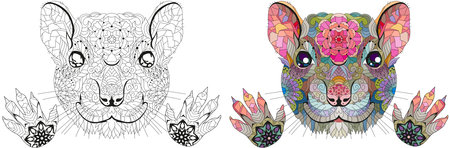 stylized rat head with paws for coloring. Hand Drawn lace vector illustration. Black and white and color imagesのイラスト素材