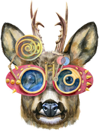 Watercolor drawing of the animal - roe deer in glasses with steampunk style, sketchの写真素材
