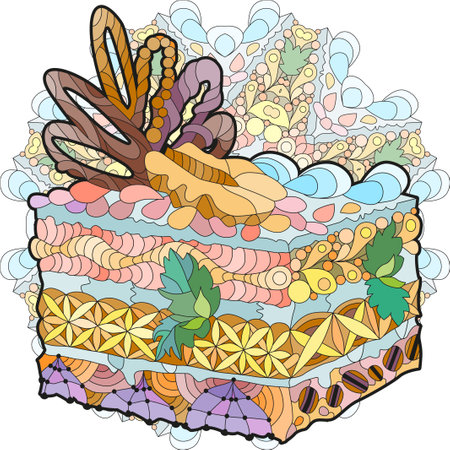 Vector piece of cake with abstract ornaments on a patterned round substrate..のイラスト素材