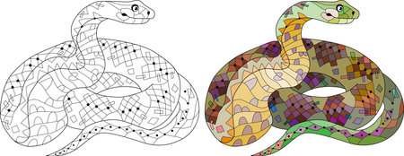 snake Hand drawn decorative vector illustration for coloring book. Color and outline setのイラスト素材