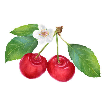 Composition of cherry,flower and leaves, hand drawn watercolor illustration isolated on white...