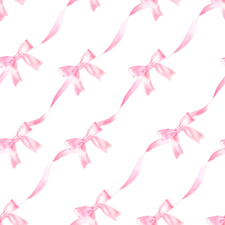 Seamless pattern with pink bow and ribbon, hand drawn in watercolor.の写真素材