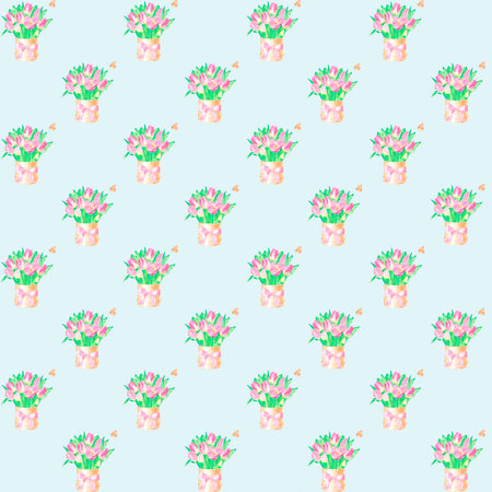 Seamless pattern with a beautiful bouquet of tulips in a box, hand-drawn in watercolor.の写真素材