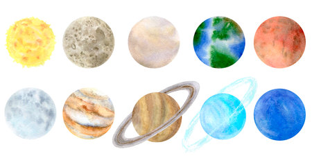 Watercolor planets of the solar system. Planets of outer space: Mercury, Venus, Earth, Mars, Jupiter, Saturn, Uranus, Neptune. Celestial bodies: Sun and Moon. Isolated on a white bの写真素材
