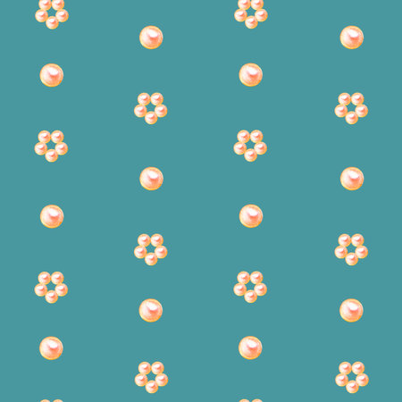 Seamless pattern with golden pearls and pearl flower, hand drawn in watercolor.の写真素材
