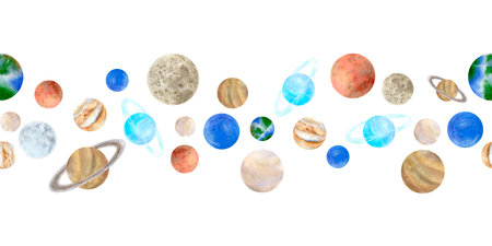 Seamless watercolor border with hand-drawn planets of the solar system: Mercury, Venus, Earth, Mars, Jupiter, Saturn, Uranus, Neptune. Isolated on white background.の写真素材