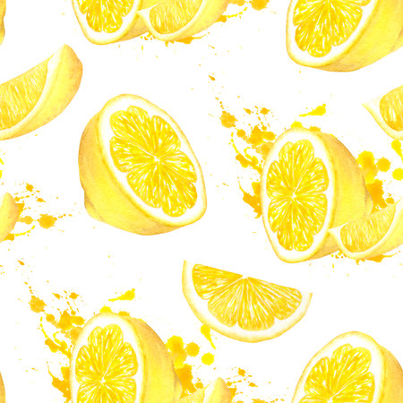 A seamless pattern with yellow lemon slices and halves and splashes of juice. A juicy illustration of this tropical fruit. Hand-drawn with watercolors.の写真素材