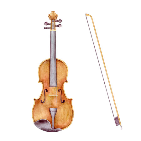 Hand painted watercolor violin with bow isolated on white. Realistic classical music instrument illustration for wedding and concert design, for Valentines dayの写真素材