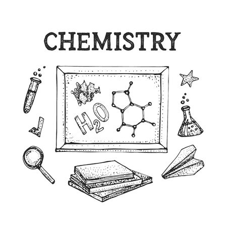 Vector set of Chemistry science theory and bonding formula equation, tool model icon in white isolated background. Doodle glass flasks, formulas, stationery, books, scribbles. Back to school design elements.のイラスト素材