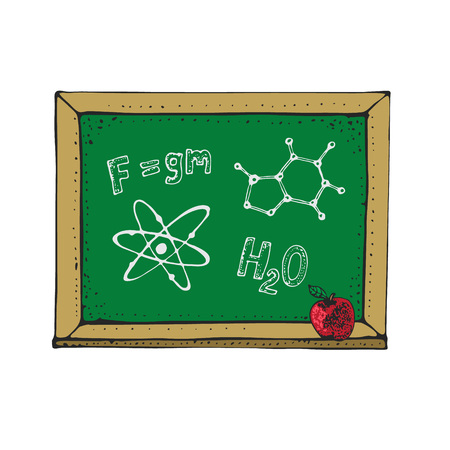 Vector Illustration with cartoon green blackboard, chalkboard with red apple isolated on white. Doodle Physics and Chemistry science formulas on the board. Back to school design elements.のイラスト素材