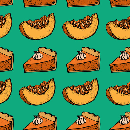 Pumpkin pie with cream seamless pattern. Hand drawn sketch of the pie piece and sliced piece of pumpkin. Thanksgiving Day vector background.  For identify the restaurant, packaging, menu designのイラスト素材