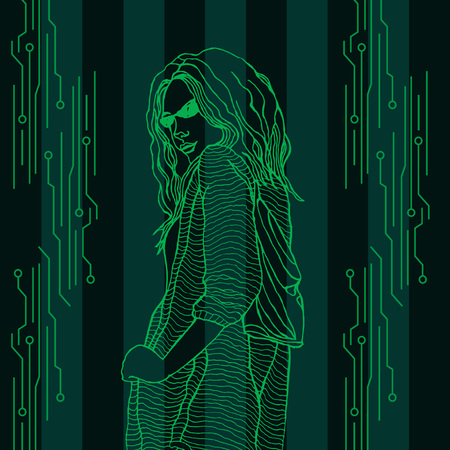 Girl with 3d  Digital glasses to Virtual Reality. Vector outline illustration. 
Binary circuit board future technology, green cyber security concept background, abstract  technology to virtual video game.のイラスト素材