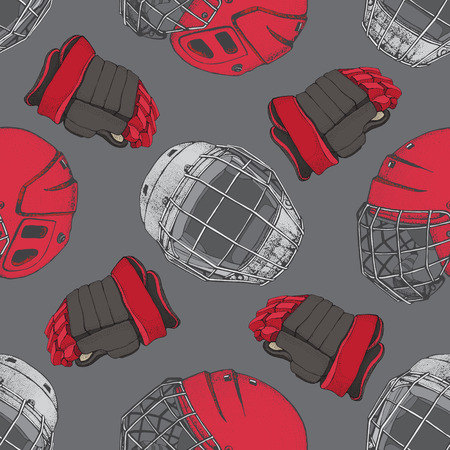 Hockey seamless pattern. Red Helmet with mask and gloves on grey bacground. Sports Vector illustration. Ice hockey sports equipment. Hand drawn Hockey helmet and gloves..のイラスト素材