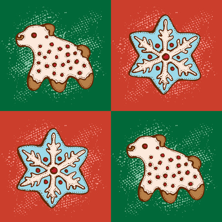 Christmas homemade gingerbread cookies. Pattern with white bear and snowflakes. Vector illustration  for menu design, cafe decoration, delivery box.のイラスト素材
