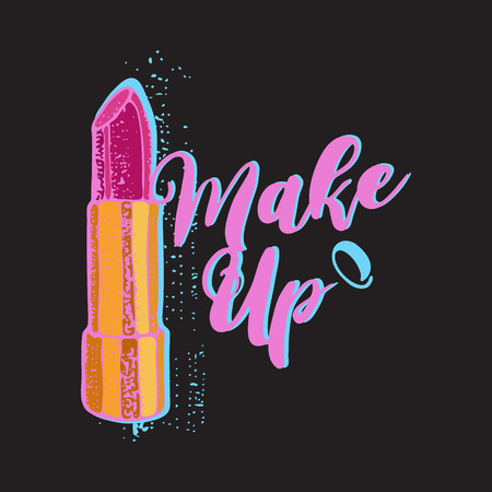 Cosmetics and fashion vector illustration with make up artist objects: lipstick on black background. Makeup letteringの写真素材