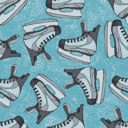 Winter holidays seamless pattern with ice skates cartoon sketch. Red and blue Ice hockey skates. Vector illustration with sports equipment on blue backgroundのイラスト素材