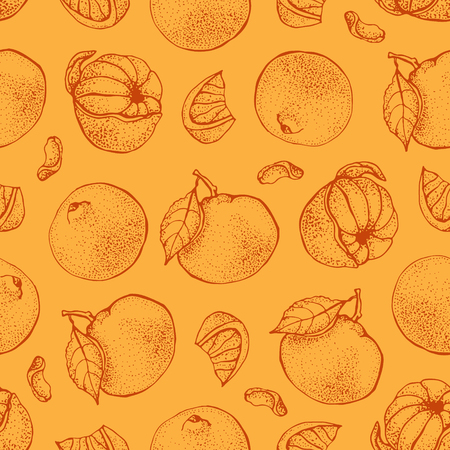 Vector seamless pattern with ink hand drawn citrus fruit, slices and leaves sketch. Mandarin orange, tangerine, lime on orange background. Detailed vegetarian food  illustration.のイラスト素材