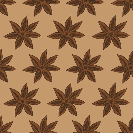 Anise star, badian seamless pattern. Seasonal food vector illustration on brown background. Hand drawn doodles of spice and flavor. Cooking and mulled wine ingredientのイラスト素材