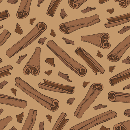Cinnamon sticks seamless pattern. Vector drawing of aromatic spices set. Seasonal food illustration on brown background. Hand drawn doodles of spice and flavor. Cooking and mulled wine ingredientのイラスト素材