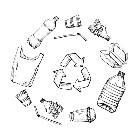 Plastic products recycling. Hand drawn doodle plastic pollution icons set. Vector illustration sketchy symbols collection. Bag, Bottle, Package, Contamination, disposable dish, strawのイラスト素材