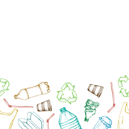 Hand drawn doodle plastic pollution seamless pattern. Vector illustration sketchy symbols collection. Bag, Bottle, Package, Contamination, disposable dish, straw. Plastic products recyclingのイラスト素材