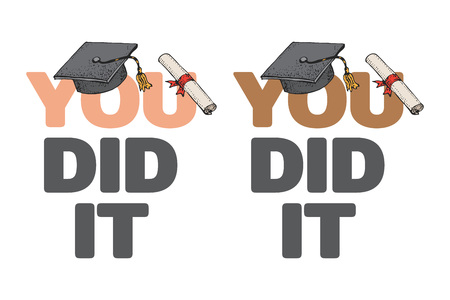 You did it text concept of  student in traditional cap and gown celebrating successful graduation. Typography style illustration isolated on white background. Student graduating from Universityのイラスト素材