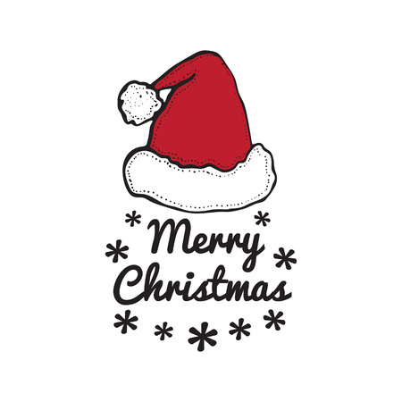 Christmas Typographic card with red Santa hat isolated on white background. Vector illustration in doodle style. Merry Christmas text and snowflakesのイラスト素材