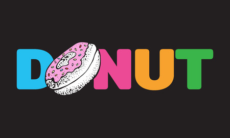 Donut colorful text isolated on black background. Doughnut into pink glaze for menu design, cafe decoration, delivery box. Vector illustration sweet food set in cartoon style.のイラスト素材