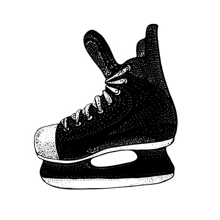 Winter holidays illustration with ice skates cartoon sketch. Ice hockey skates. Vector illustration with sports equipment isolated on white backgroundのイラスト素材