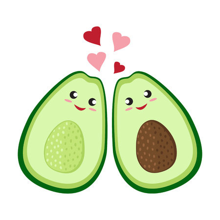 Cute cartoon avocado couple in love. Two avocado halves with heart, St. Valentines day greeting card drawing. Isolated vector illustration.のイラスト素材