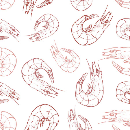 Hand drawn seafood seamless pattern. Shrimp background. Doodle style prawn. Great for banner, poster, menu decor.のイラスト素材
