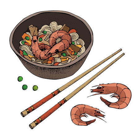 Noodles with shrimp. Hand drawn asian food illustration. Chopsticks. Great for banner, poster, menu decor.のイラスト素材