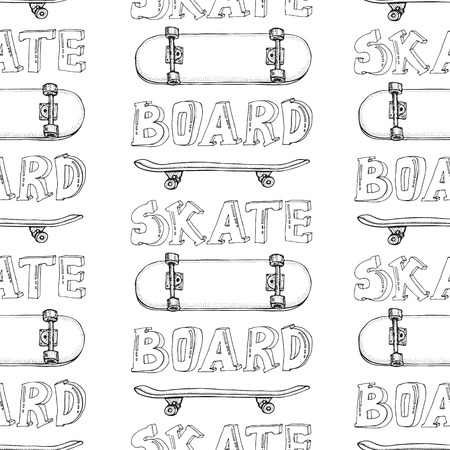 Skateboards seamless pattern. Doodle Longboard, pennyboard. Hand drawn vector backgroundのイラスト素材