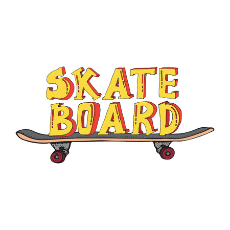 Skateboard isolated on white. Doodle Long board, penny board. Lettering skateboard. Hand drawn illustration for poster, t-shirt, textileのイラスト素材