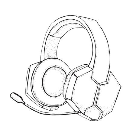 Headphones with microphone for music and video games isolated on white. Doodle style illustration hand drawn vector for typography, t-shirt, graphics.のイラスト素材