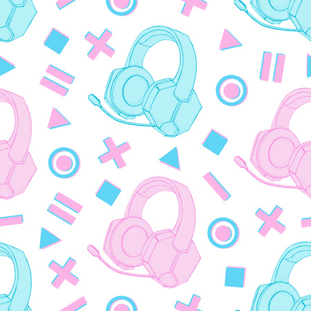 Headphones with microphone with geometry elements seamless pattern. Device for music, video games and esports, gamer and streemer. Hand drawn objects on white backgroundのイラスト素材