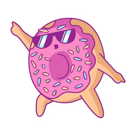 Cartoon cool dancing donut in glasses character with pink glaze makes disco. For stickers, greeting cards, party invitations, posters, prints and books.のイラスト素材